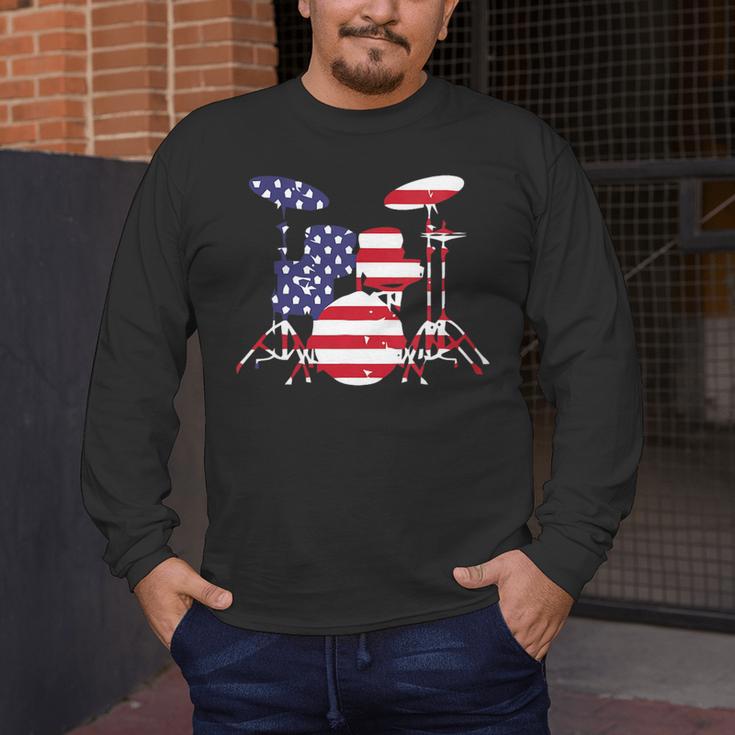 Women's American Flag Drum Kit Patriotic US Drum Art Men's Long Sleeve T-Shirt