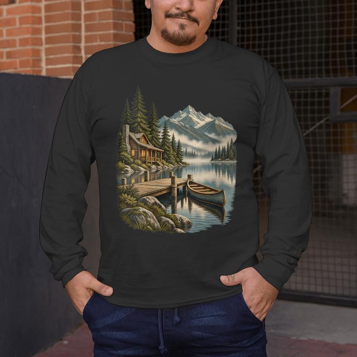 Women's Lakeside Canoe Cabin Escape Scene Men's Long Sleeve T-Shirt