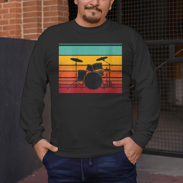 Women's Retro Drum Kit Silhouette With Color Stripes Men's Long Sleeve T-Shirt Women's Retro Drum Kit Silhouette With Color Stripes Men's Long Sleeve T-Shirt