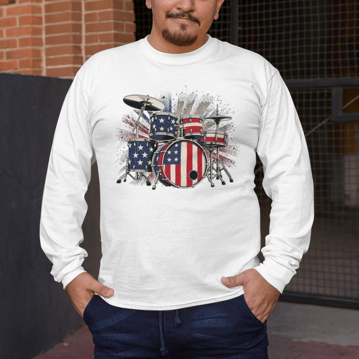 Drum Kit With American Flag Graphic For Musicians Men's Long Sleeve T-Shirt Drum Kit With American Flag Graphic For Musicians Men's Long Sleeve T-Shirt