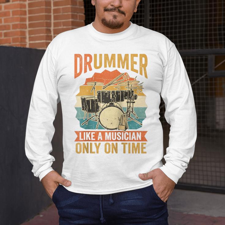 Drummer Like a Musician Only On Time Vintage Sunset Drum Kit Raglan Baseball Tee Men's Long Sleeve T-Shirt