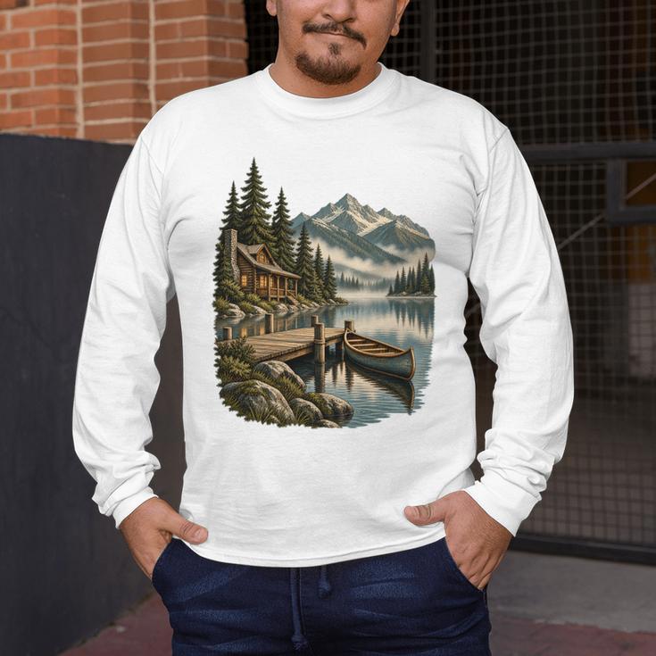 Lakeside Canoe Cabin Escape Scene Men's Long Sleeve T-Shirt