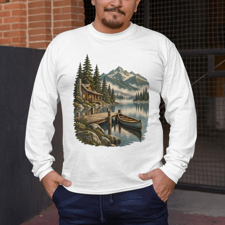 Lakeside Canoe Cabin Escape Scene Raglan Baseball Tee Men's Long Sleeve T-Shirt