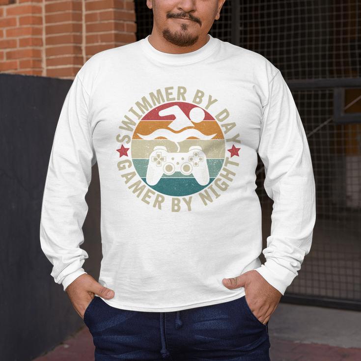 Swimmer By Day Gamer By Night Swimming Swim Gaming Men's Long Sleeve T-Shirt