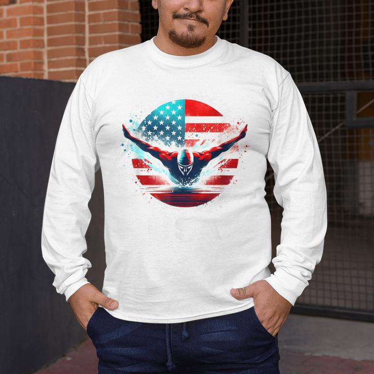 Swimming United States Shirt With American Flag Swimming Men's Long Sleeve T-Shirt