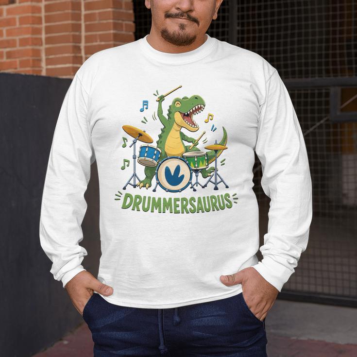 T-Rex Drumming With Drum Kit And Musical Notes Men's Long Sleeve T-Shirt