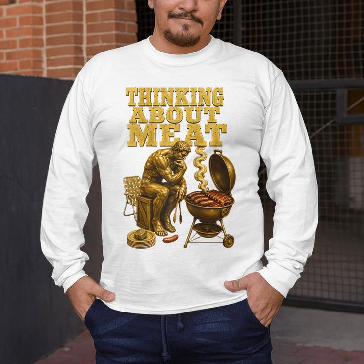 Thinking About Meat BBQ Dad Humor Raglan Baseball Tee Men's Long Sleeve T-Shirt