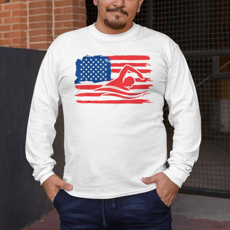 Vintage American Flag Swim Team Swimmer Funny Swimming Gift Men's Long Sleeve T-Shirt