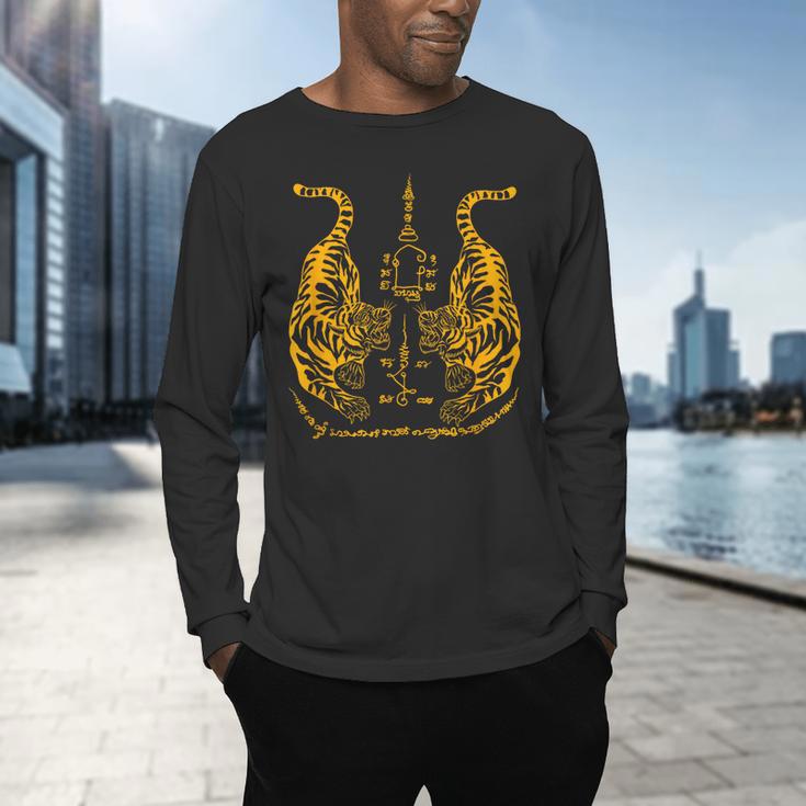 Awesome Orange Double Tiger Muay Thai Sak Yant Men's Long Sleeve T-Shirt