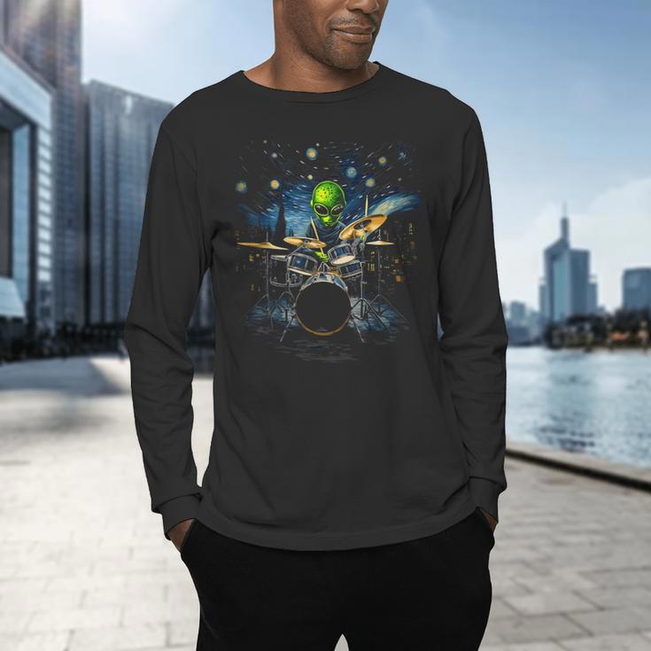 Drum Kit Percussionist Drummer Van Gogh Alien Playing Drums Men's Long Sleeve T-Shirt