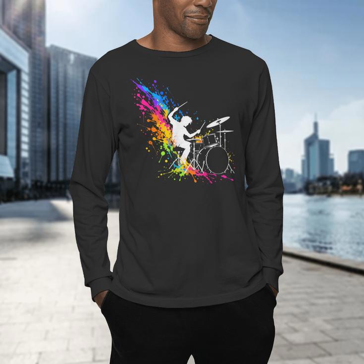 Drummer Silhouette Drum Kit Splatter Art Men's Long Sleeve T-Shirt Drummer Silhouette Drum Kit Splatter Art Men's Long Sleeve T-Shirt