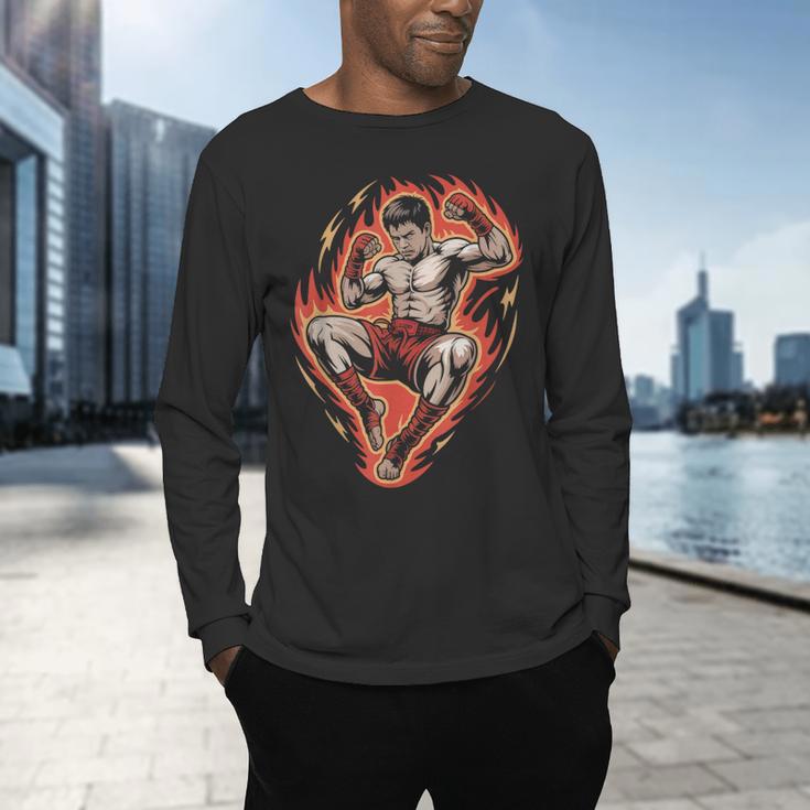 Muay Thai Fighter Teep Push Kick Minimal Line Art Clean Men's Long Sleeve T-Shirt