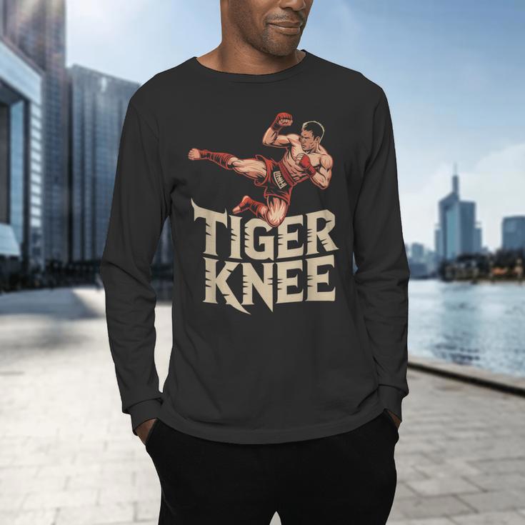 Muay Thai Fighter Tiger Knee Vintage Distressed Badge Men's Long Sleeve T-Shirt Muay Thai Fighter Tiger Knee Vintage Distressed Badge Men's Long Sleeve T-Shirt