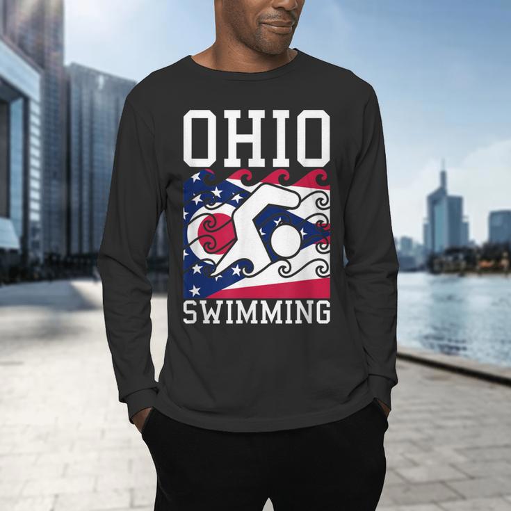 Ohio Flag Swimming Team Swim Swimmer US State Men's Long Sleeve T-Shirt Ohio Flag Swimming Team Swim Swimmer US State Men's Long Sleeve T-Shirt