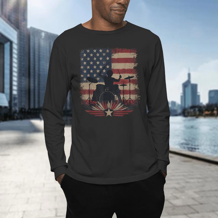 Patriotic Drum Kit Silhouette American Flag Men's Long Sleeve T-Shirt Patriotic Drum Kit Silhouette American Flag Men's Long Sleeve T-Shirt