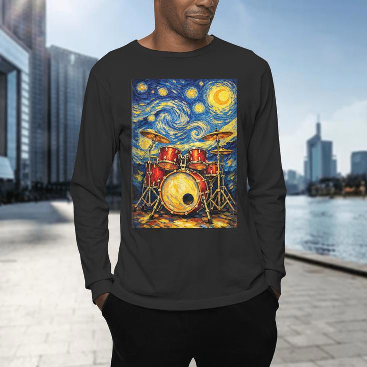 Starry Night Drum Kit Van Gogh Style Art Men's Long Sleeve T-Shirt Starry Night Drum Kit Van Gogh Style Art Men's Long Sleeve T-Shirt