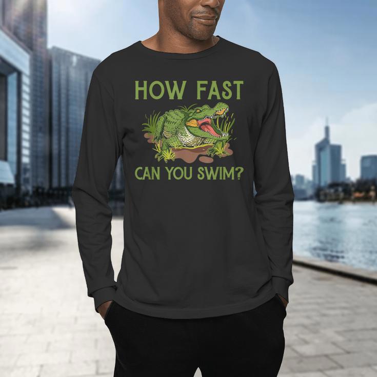 Swimmer Crocodile Swimming Humor How Fast You Can Swim Men's Long Sleeve T-Shirt Swimmer Crocodile Swimming Humor How Fast You Can Swim Men's Long Sleeve T-Shirt