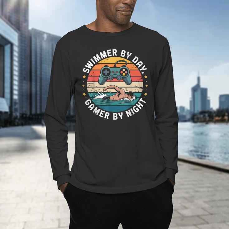 Swimmer By Day Gamer By Night Swimming Vintage Gaming Swim Men's Long Sleeve T-Shirt