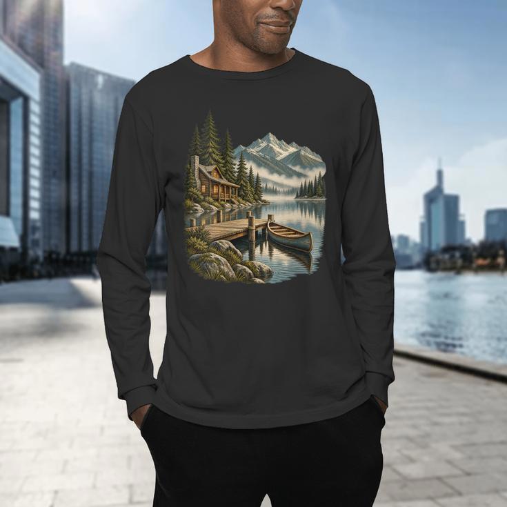 Women's Lakeside Canoe Cabin Escape Scene Men's Long Sleeve T-Shirt
