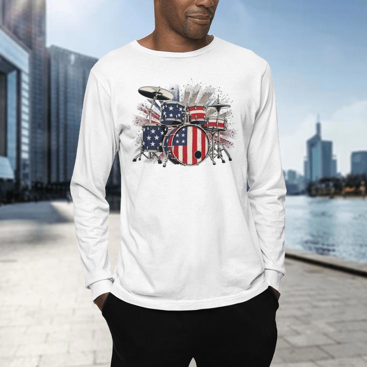 Drum Kit With American Flag Graphic For Musicians Men's Long Sleeve T-Shirt Drum Kit With American Flag Graphic For Musicians Men's Long Sleeve T-Shirt
