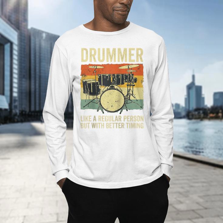 Drummer Better Timing Retro Vintage Sunset Drum Kit Graphic Raglan Baseball Tee Men's Long Sleeve T-Shirt Drummer Better Timing Retro Vintage Sunset Drum Kit Graphic Raglan Baseball Tee Men's Long Sleeve T-Shirt