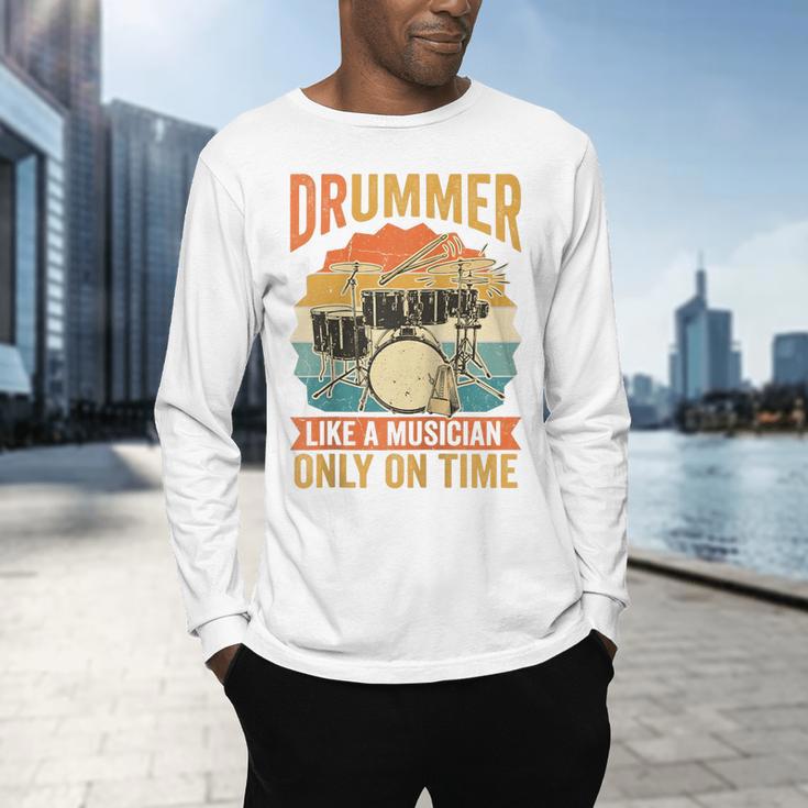 Drummer Like a Musician Only On Time Vintage Sunset Drum Kit Raglan Baseball Tee Men's Long Sleeve T-Shirt