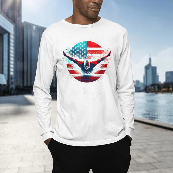Swimming United States Shirt With American Flag Swimming Men's Long Sleeve T-Shirt