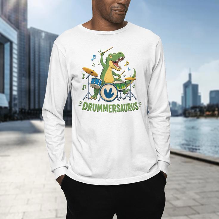 T-Rex Drumming With Drum Kit And Musical Notes Men's Long Sleeve T-Shirt
