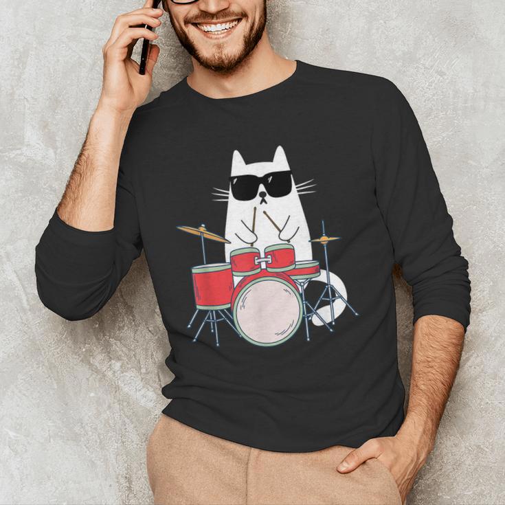Cat Wearing Sunglasses Playing Drums Drum Kit Musician Men's Long Sleeve T-Shirt Cat Wearing Sunglasses Playing Drums Drum Kit Musician Men's Long Sleeve T-Shirt