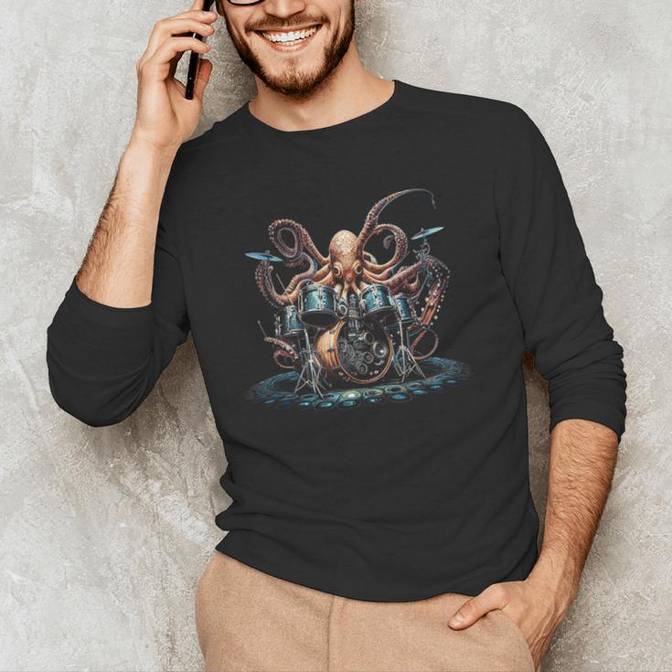 Drum Kit Percussionist Drummer Octopus Playing Drums Men's Long Sleeve T-Shirt
