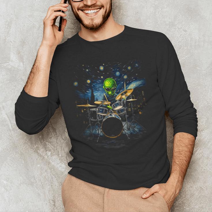 Drum Kit Percussionist Drummer Van Gogh Alien Playing Drums Men's Long Sleeve T-Shirt