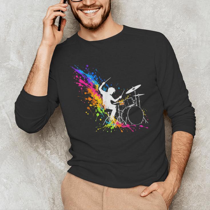 Drummer Silhouette Drum Kit Splatter Art Men's Long Sleeve T-Shirt Drummer Silhouette Drum Kit Splatter Art Men's Long Sleeve T-Shirt