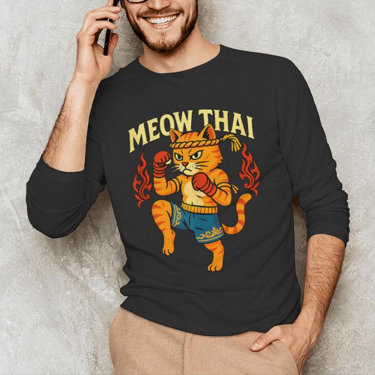 Meow Thai Muay Thai Cat Fighter Pun Dad Joke Men's Long Sleeve T-Shirt
