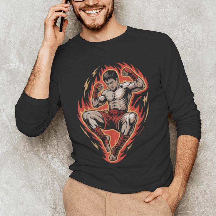 Muay Thai Fighter Teep Push Kick Minimal Line Art Clean Men's Long Sleeve T-Shirt