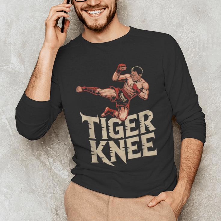 Muay Thai Fighter Tiger Knee Vintage Distressed Badge Men's Long Sleeve T-Shirt Muay Thai Fighter Tiger Knee Vintage Distressed Badge Men's Long Sleeve T-Shirt