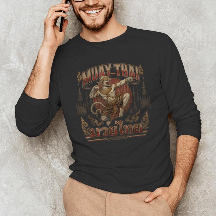 Muay Thai Power Vintage Thai Boxing Warrior Fighter Monkey Men's Long Sleeve T-Shirt