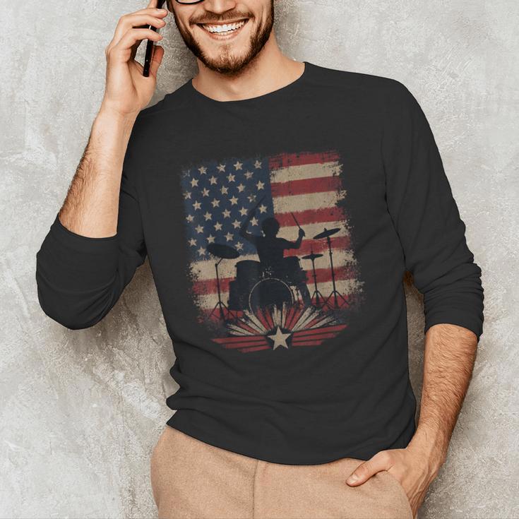 Patriotic Drum Kit Silhouette American Flag Men's Long Sleeve T-Shirt Patriotic Drum Kit Silhouette American Flag Men's Long Sleeve T-Shirt