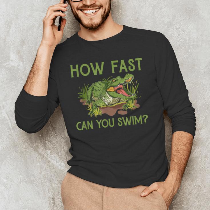Swimmer Crocodile Swimming Humor How Fast You Can Swim Men's Long Sleeve T-Shirt Swimmer Crocodile Swimming Humor How Fast You Can Swim Men's Long Sleeve T-Shirt