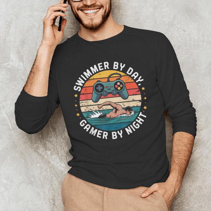 Swimmer By Day Gamer By Night Swimming Vintage Gaming Swim Men's Long Sleeve T-Shirt
