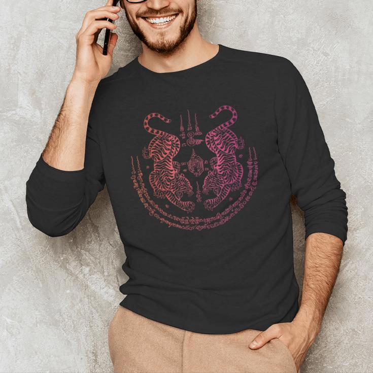 Thai Tattoo Twin Tiger Sak Yant Muay Thai Thailand Graphic Men's Long Sleeve T-Shirt