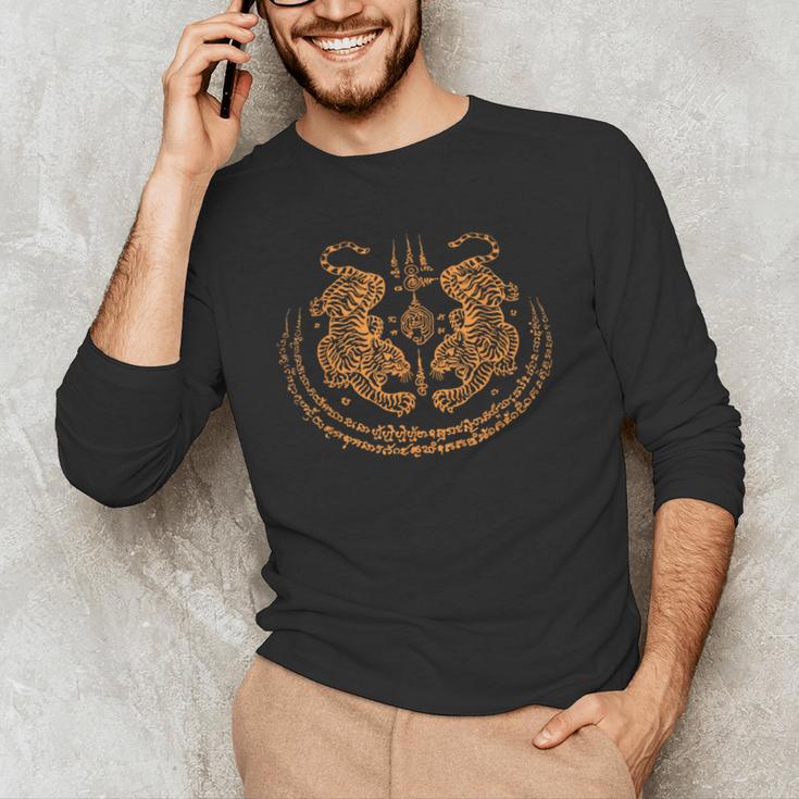Twin Tiger Sak Yant Tattoo Muay Thai Thai Martial Arts Men's Long Sleeve T-Shirt