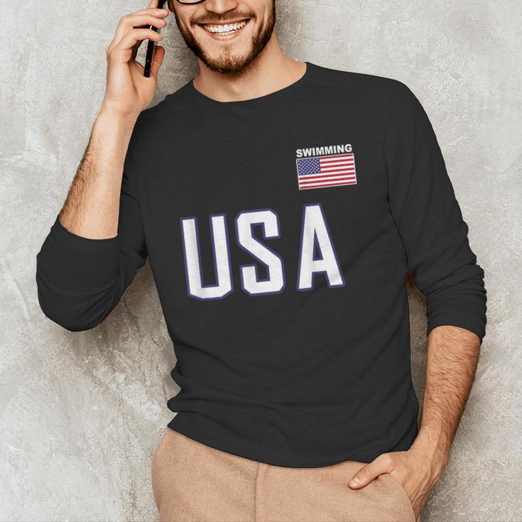 USA Flag Swim Swimming Sport Practice Equipment Men Women Men's Long Sleeve T-Shirt USA Flag Swim Swimming Sport Practice Equipment Men Women Men's Long Sleeve T-Shirt