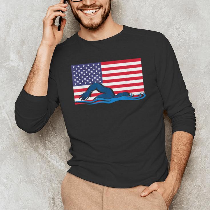 USA Flag Swimmer Swimming Sport Athlete Swim Swimming Men's Long Sleeve T-Shirt USA Flag Swimmer Swimming Sport Athlete Swim Swimming Men's Long Sleeve T-Shirt