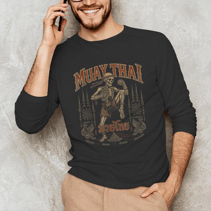 Vintage Muay Thai Belt Thai Boxing Warrior Fighter Skeleton Men's Long Sleeve T-Shirt