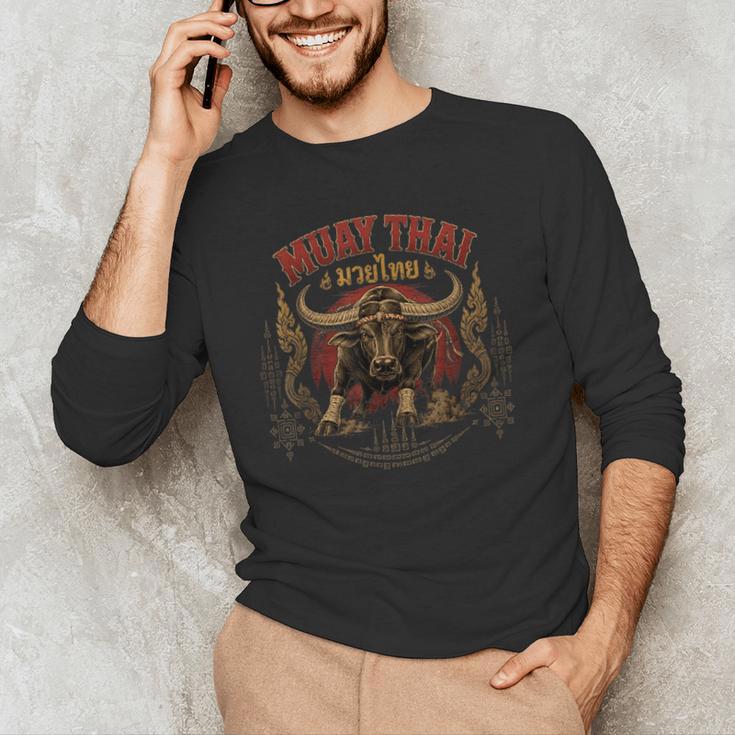Vintage Muay Thai Dad Thai Boxing Fighter Father Buffalo Men's Long Sleeve T-Shirt