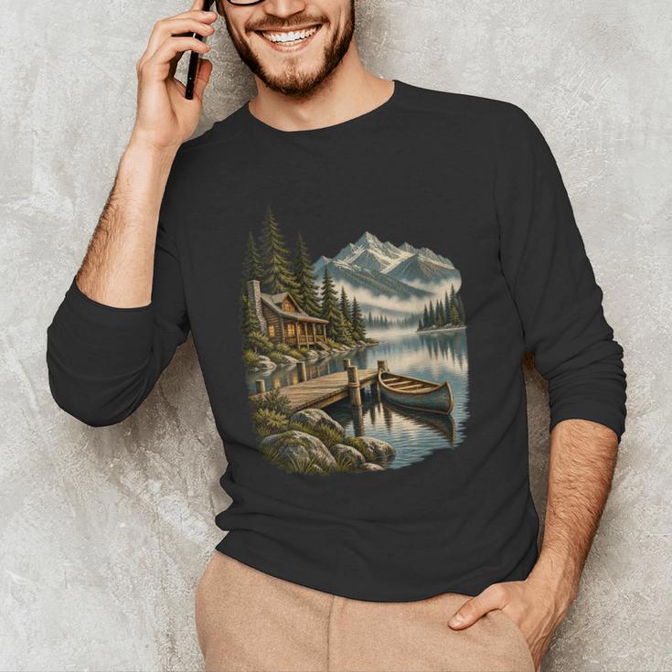 Women's Lakeside Canoe Cabin Escape Scene Men's Long Sleeve T-Shirt