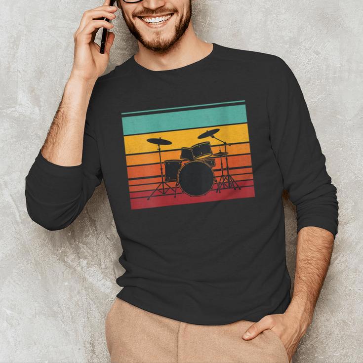 Women's Retro Drum Kit Silhouette With Color Stripes Men's Long Sleeve T-Shirt Women's Retro Drum Kit Silhouette With Color Stripes Men's Long Sleeve T-Shirt
