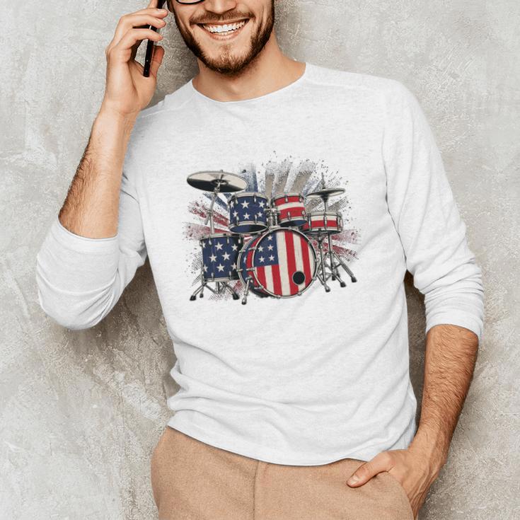Drum Kit With American Flag Graphic For Musicians Men's Long Sleeve T-Shirt Drum Kit With American Flag Graphic For Musicians Men's Long Sleeve T-Shirt