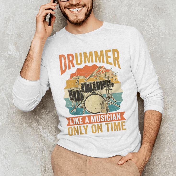 Drummer Like a Musician Only On Time Vintage Sunset Drum Kit Raglan Baseball Tee Men's Long Sleeve T-Shirt