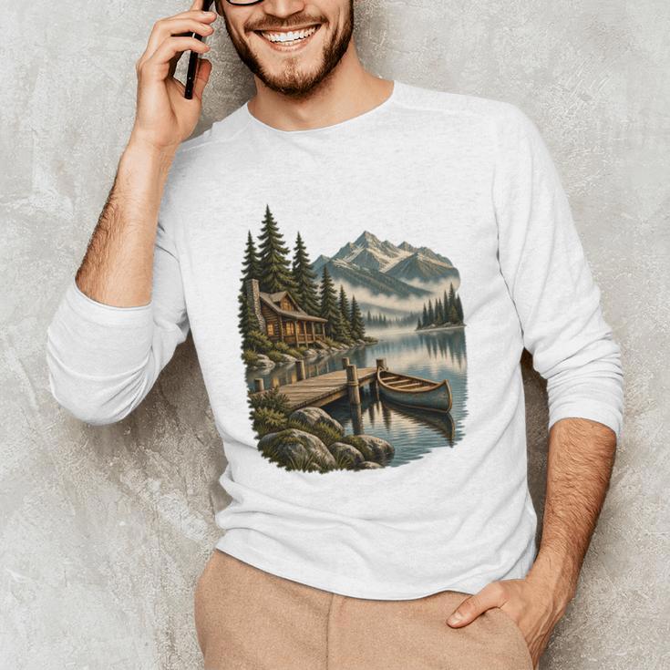 Lakeside Canoe Cabin Escape Scene Men's Long Sleeve T-Shirt